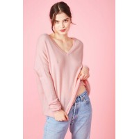 Pull femme, 100% cachemire, rose poudré, col v, LES TRICOTS DE LEA