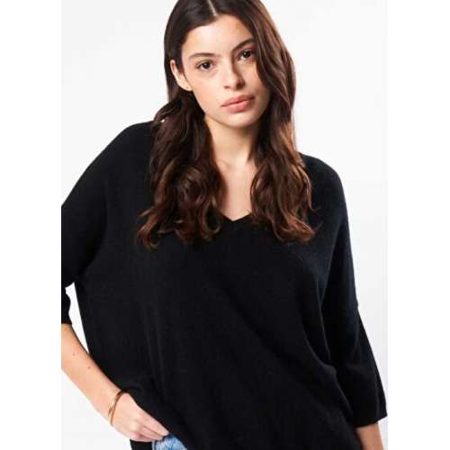 Pull femme, noir, col v manches 3/4 en 100% cachemire LTDL