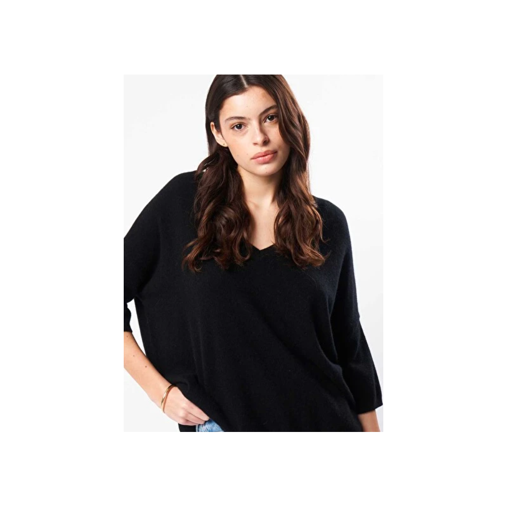 Pull femme, noir, col v manches 3/4 en 100% cachemire LTDL