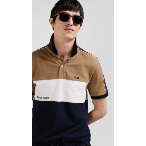 Polo homme manches courtes tricolore en piqué coton camel inscription Eden Park