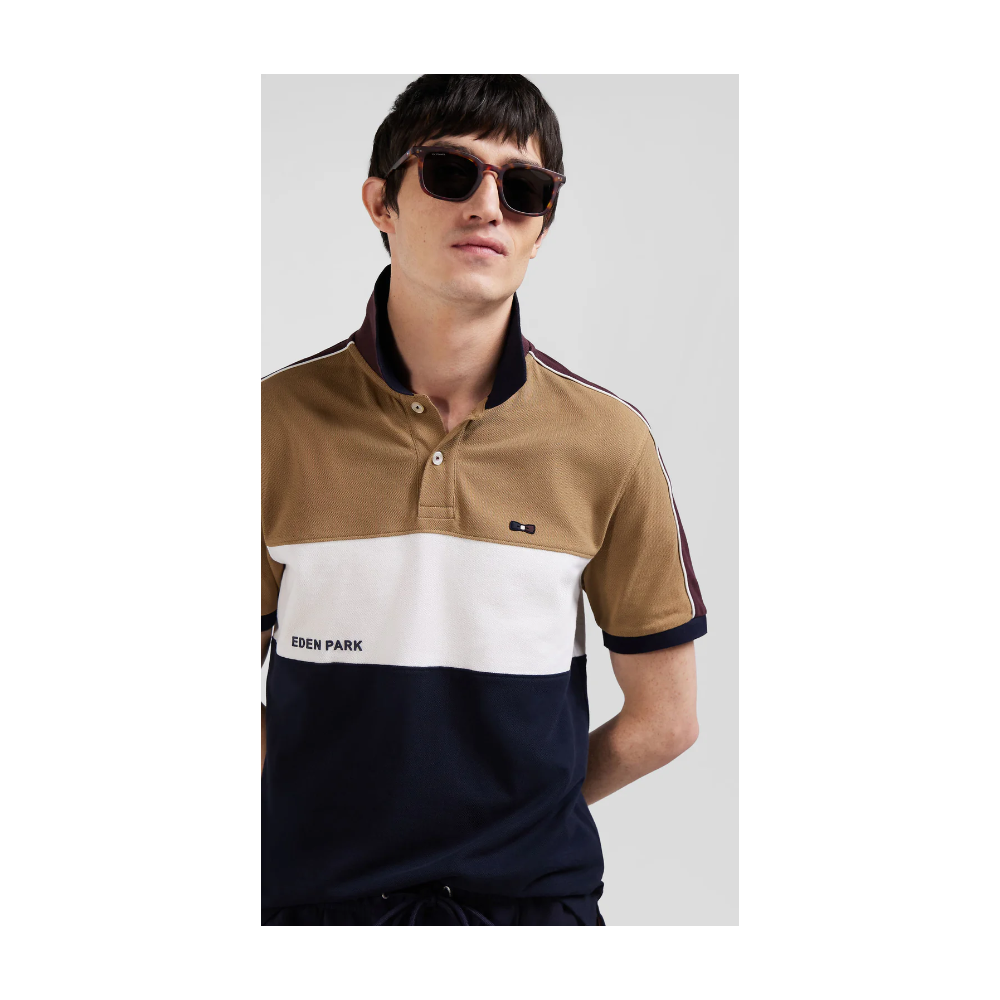 Polo homme manches courtes tricolore en piqué coton camel inscription Eden Park