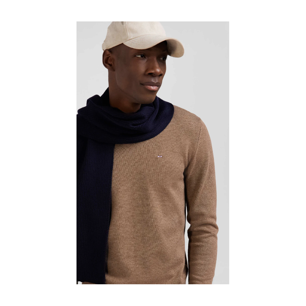 Pull homme EDEN PARK col V en laine et coton beige demi-lune cerclée