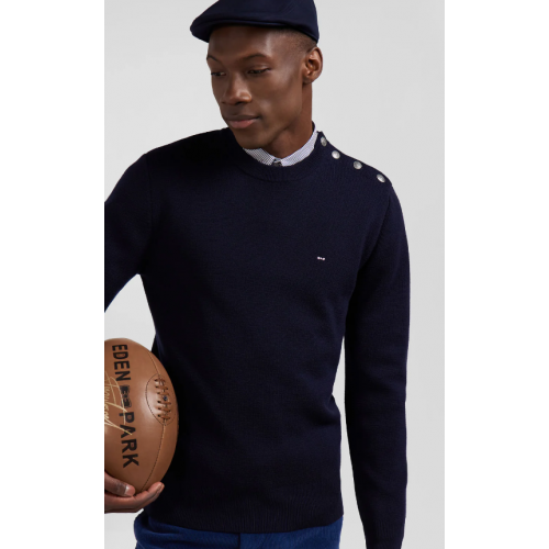 Pull homme EDEN PARK  col rond boutonnage épaule en laine marine