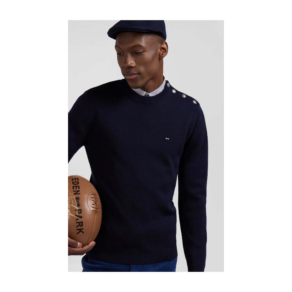 Pull homme EDEN PARK  col rond boutonnage épaule en laine marine