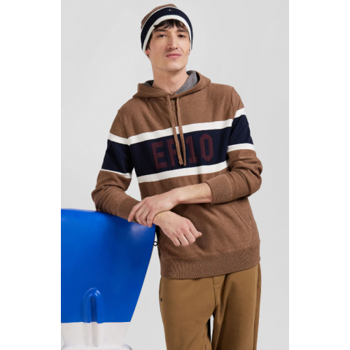 Pull homme EDEN PARK à capuche en coton camel jacquard EP10 c