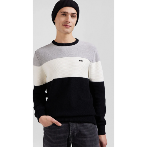 Pull homme EDEN PARK col rond en coton gris et blanc à jeux de maille