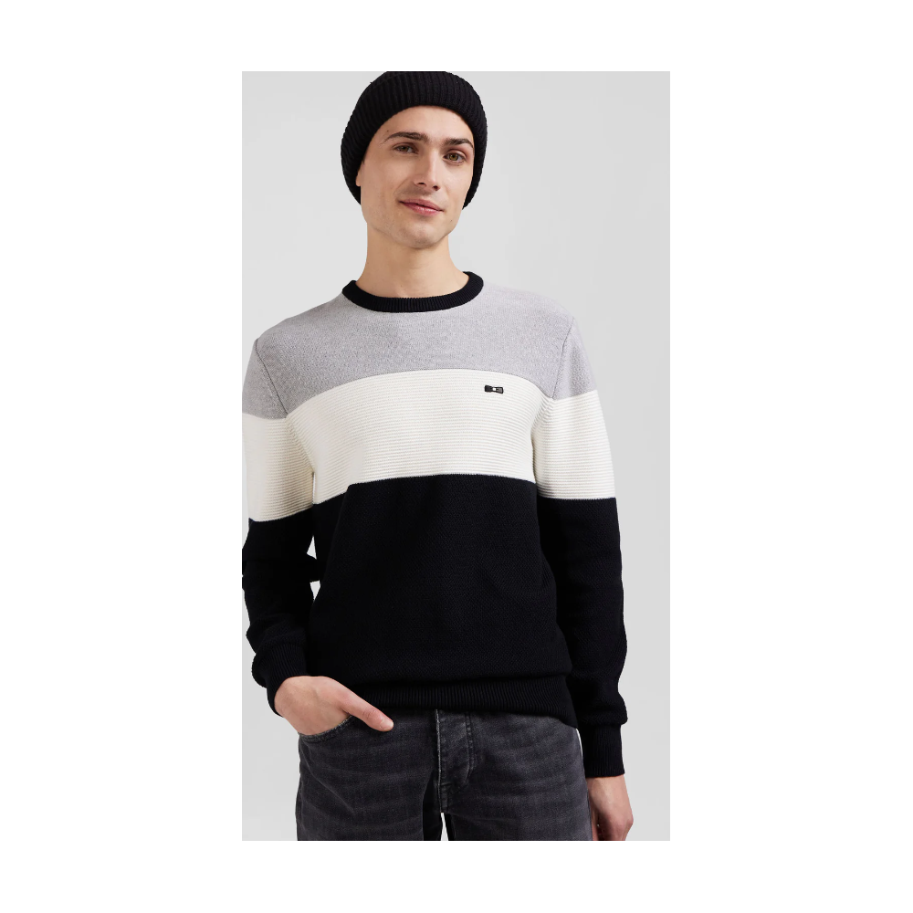 Pull homme EDEN PARK col rond en coton gris et blanc à jeux de maille