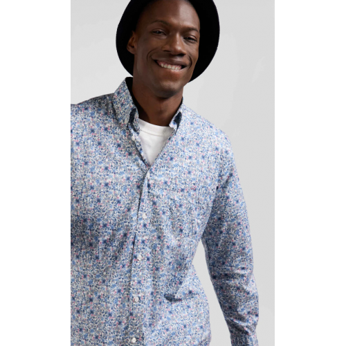 Chemise homme EDEN PARK en popeline de coton ciel micro-imprimé floral