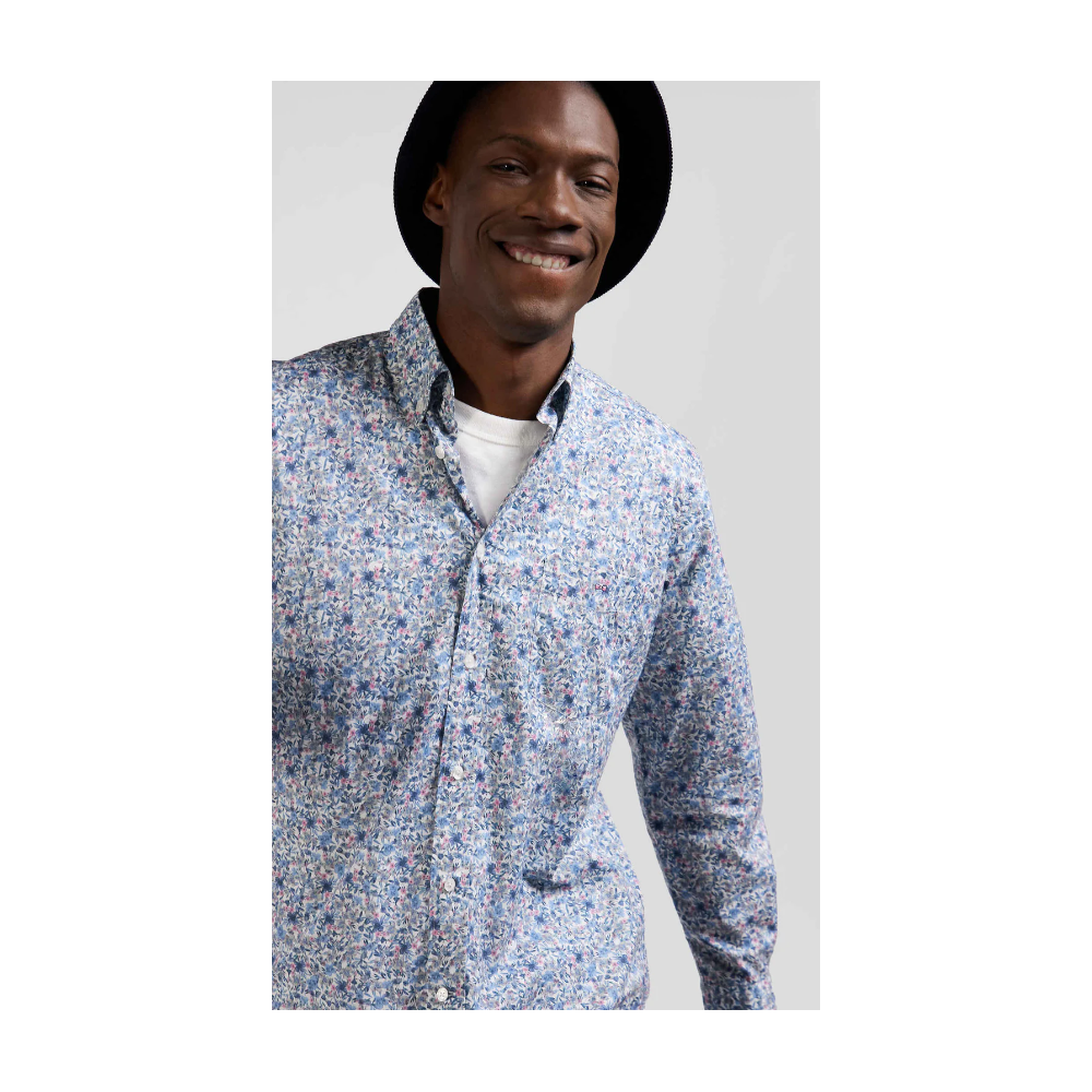 Chemise homme EDEN PARK en popeline de coton ciel micro-imprimé floral