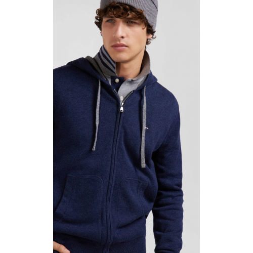 Sweatshirt homme EDEN PARK zippé en maille laine et coton bleu marine