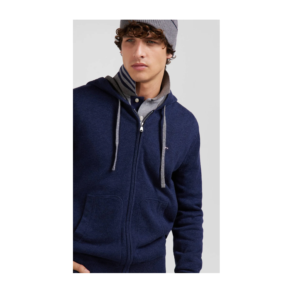 Sweatshirt homme EDEN PARK zippé en maille laine et coton bleu marine