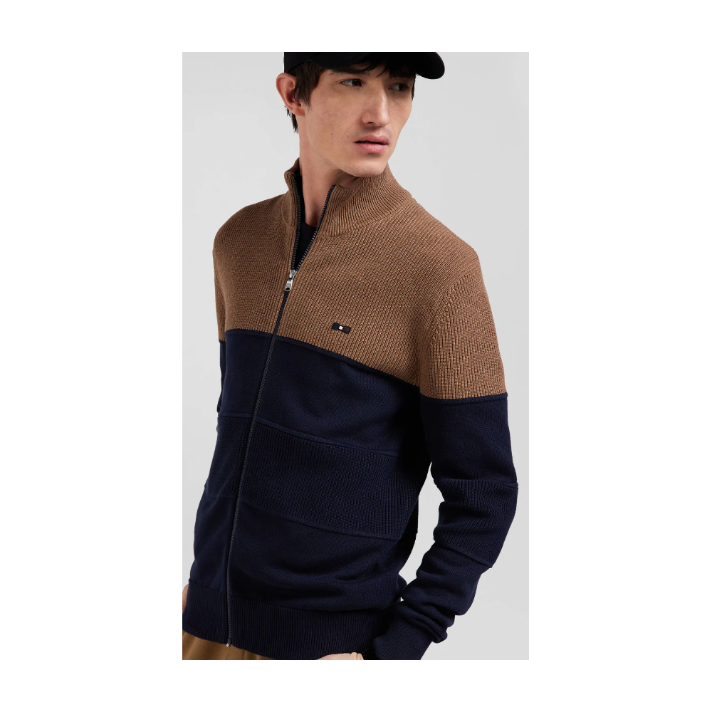 Cardigan homme EDEN PARK zippé à col montant marine et camel en coton